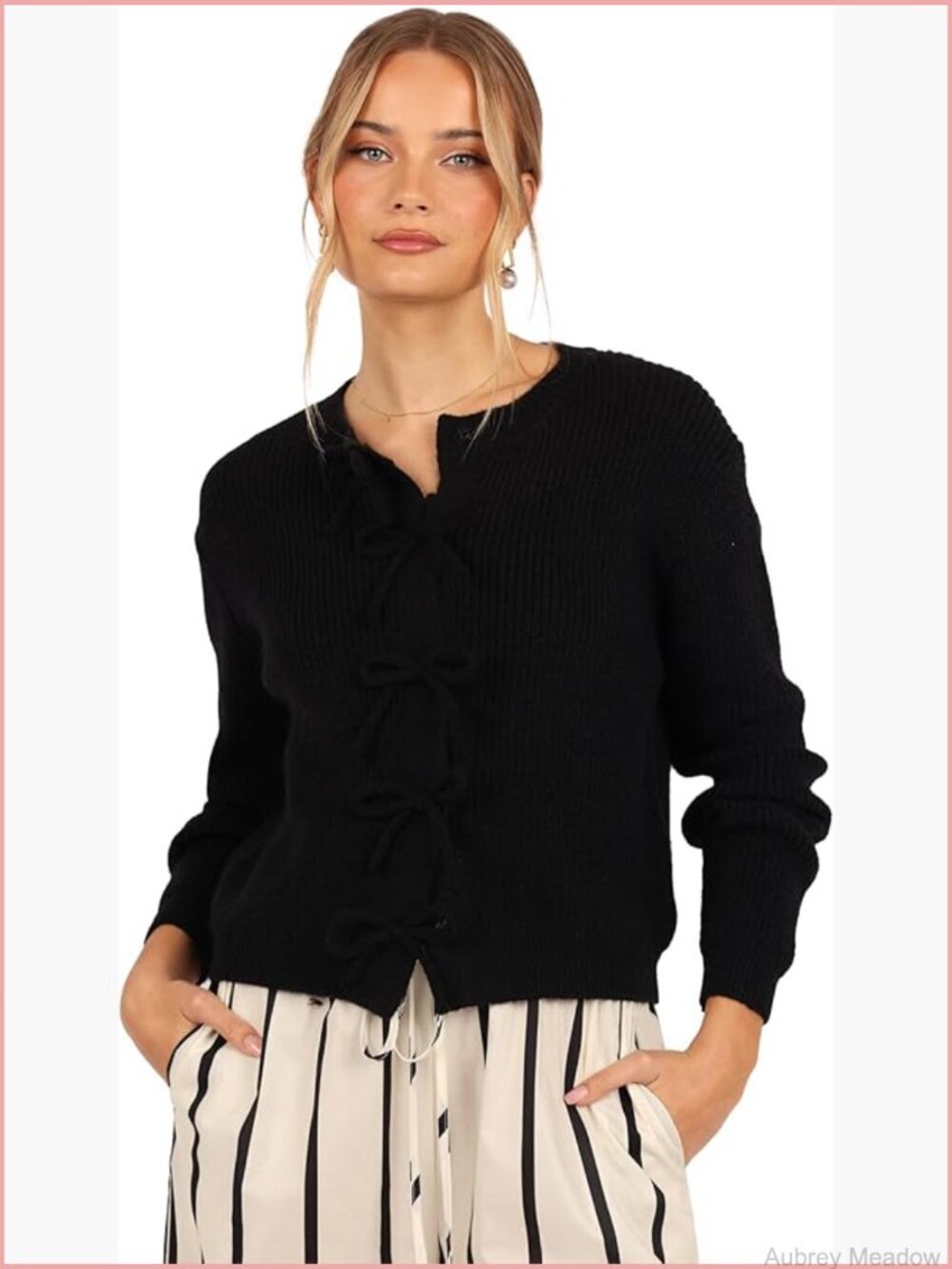 Women's Bow Front Cardigan Round Neck Long Balloon Sleeves